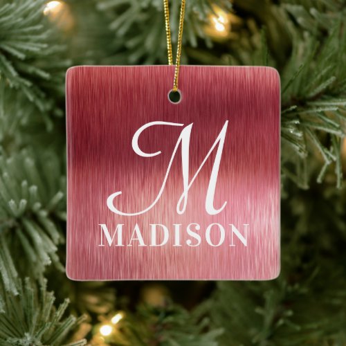 Monogram Metallic Pink Textured Personalized Name Ceramic Ornament