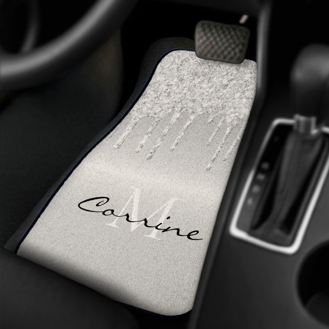 Monogram Metallic Platinum Silver Dripping Glitter Car Floor Mat (Creator Uploaded)