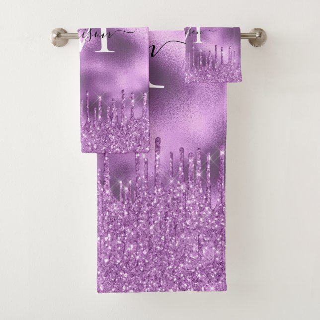 Monogram Metallic Purple Violet Dripping Glitter Bath Towel Set (Insitu)