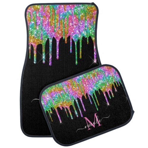 Monogram Metallic Rainbow Tie_Dye Glitter Drip Car Floor Mat