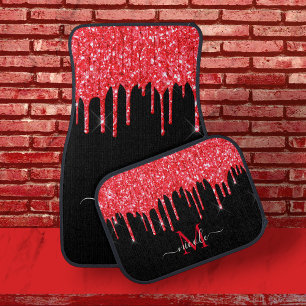 Monogram Metallic Red Dripping Glitter + Black Car Floor Mat
