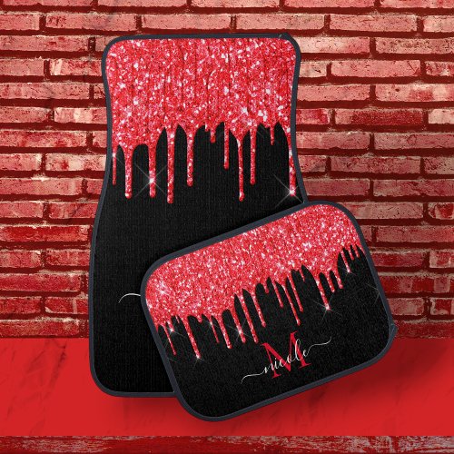 Monogram Metallic Red Dripping Glitter  Black Car Floor Mat