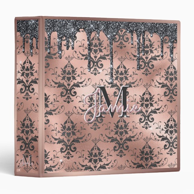 Monogram Metallic Rose Gold & Black Glitter Damask 3 Ring Binder (Front/Spine)