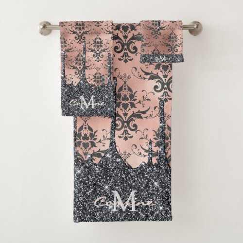 Monogram Metallic Rose Gold  Black Glitter Damask Bath Towel Set