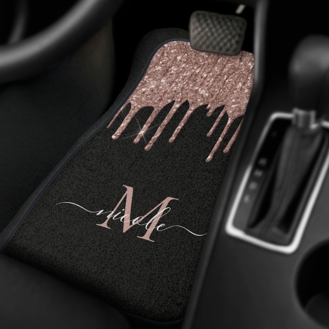 Monogram Metallic Rose Gold Dripping Glitter Black Car Floor Mat (Creator Uploaded)