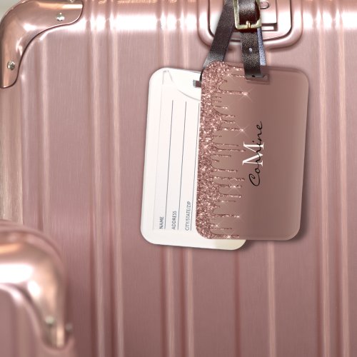 Monogram Metallic Rose Gold Dripping Glitter Icing Luggage Tag