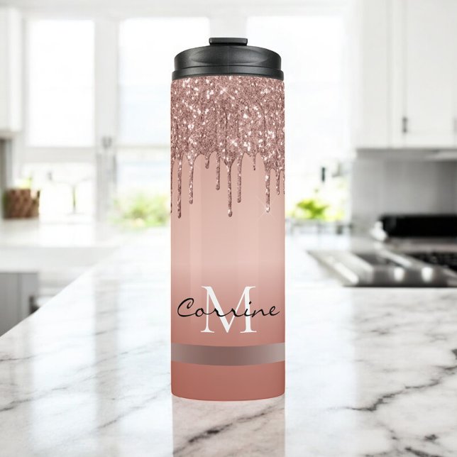 monogram metallic rose gold dripping glitter thermal tumbler (Creator Uploaded)