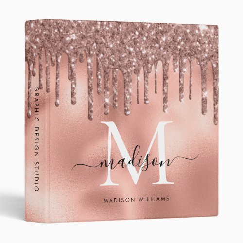 Monogram Metallic Rose Gold Glitter Drip Recipe 3 Ring Binder