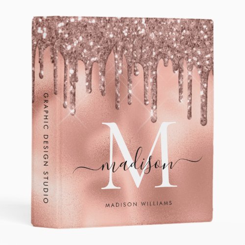 Monogram Metallic Rose Gold Glitter Drips Office Mini Binder