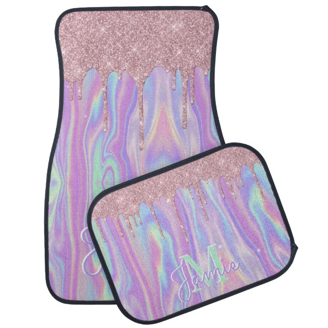 Monogram Metallic Rose Gold Glitter & Iridescent Car Floor Mat (Set)