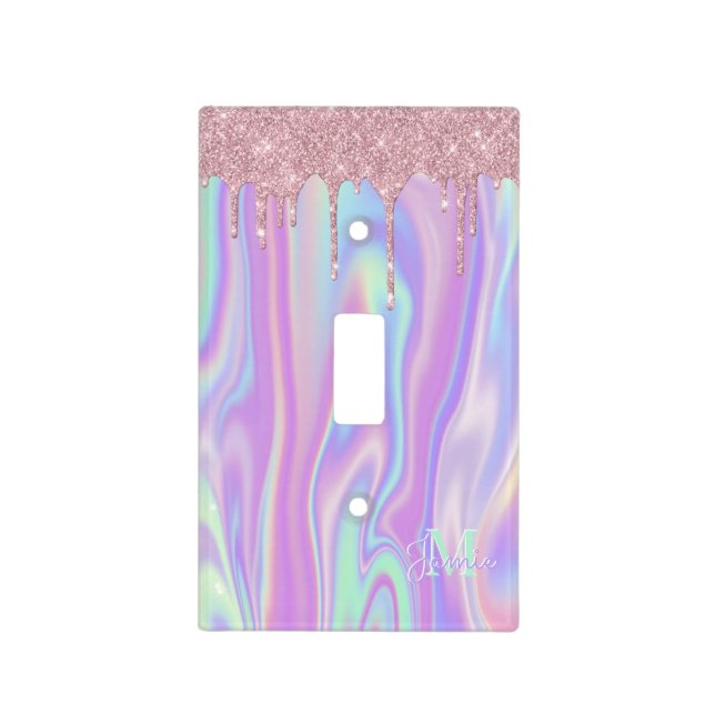 Monogram Metallic Rose Gold Glitter & Iridescent Light Switch Cover (Front)
