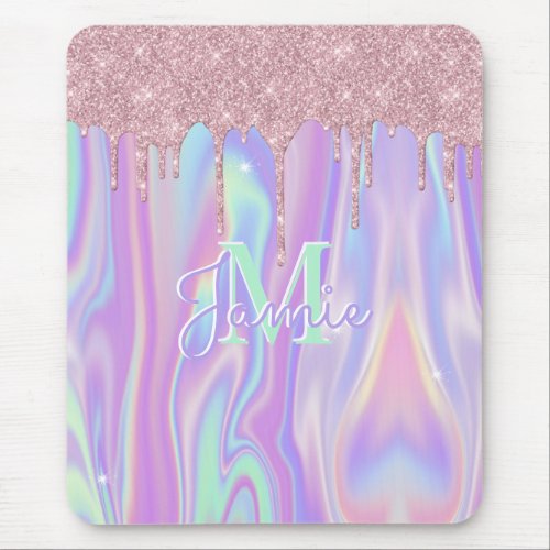 Monogram Metallic Rose Gold Glitter  Iridescent Mouse Pad