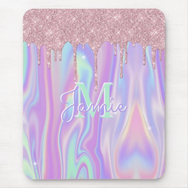 Monogram Metallic Rose Gold Glitter & Iridescent Mouse Pad (Front)