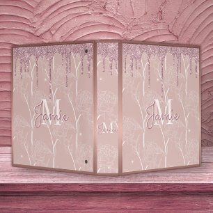 Monogram Metallic Rose Gold Glitter & Mauve Floral 3 Ring Binder
