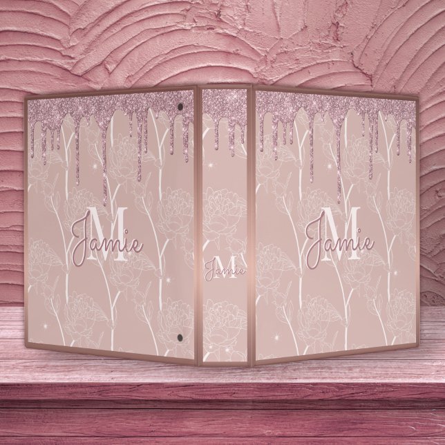 Monogram Metallic Rose Gold Glitter & Mauve Floral 3 Ring Binder (Creator Uploaded)