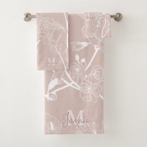 Monogram Metallic Rose Gold Glitter  Mauve Floral Bath Towel Set