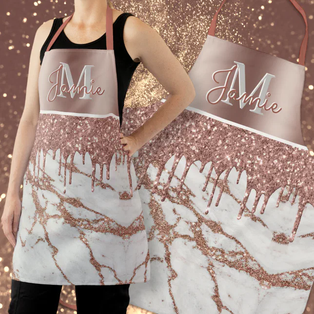 Monogram Metallic Rose Gold Marble And Glitter Drips Apron Zazzle 4883