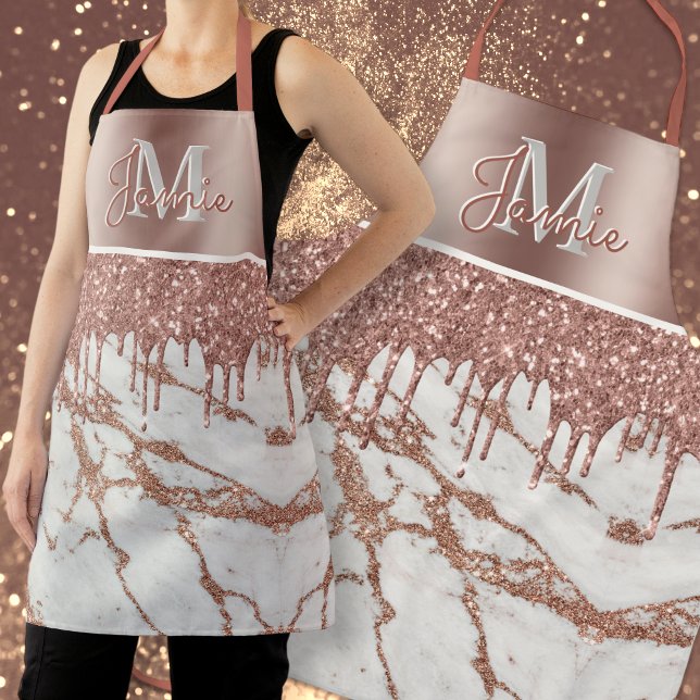 Monogram Metallic Rose Gold Marble & Glitter Drips Apron (Creator Uploaded)