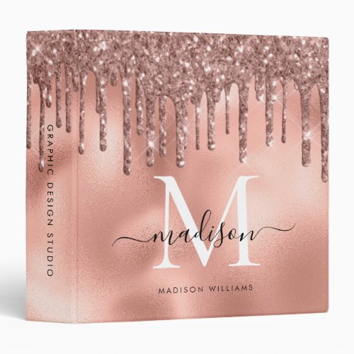 Monogram Metallic Rose Gold Pink Dripping Glitter 3 Ring Binder