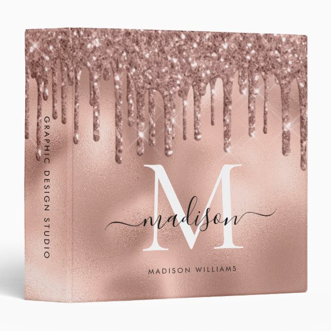 Monogram Metallic Rose Gold Pink Dripping Glitter 3 Ring Binder (Front/Spine)