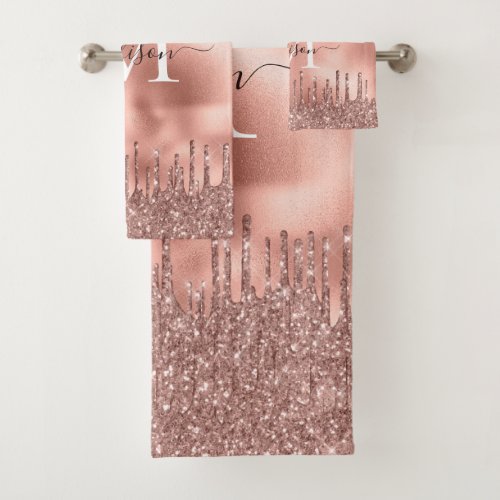Monogram Metallic Rose Gold Pink Dripping Glitter Bath Towel Set