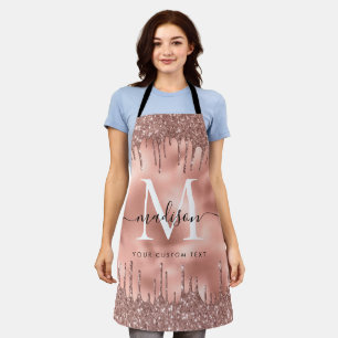 Monogram Metallic Rose Gold Pink Glitter Drips Apron