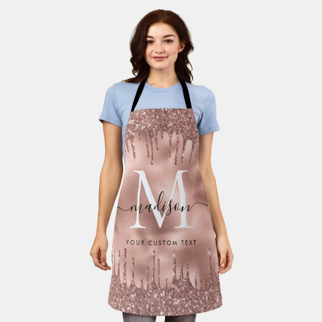 Monogram Metallic Rose Gold Pink Glitter Drips Apron (Worn)