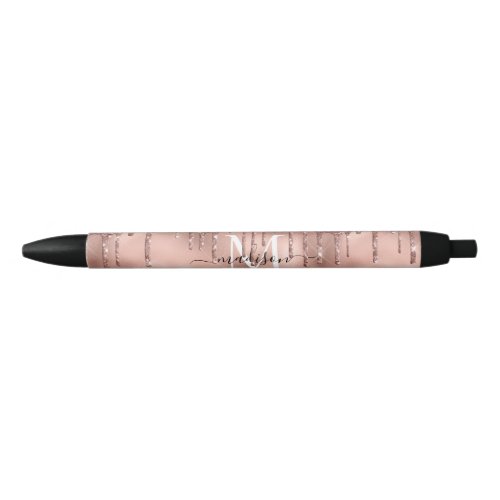 Monogram Metallic Rose Gold Pink Glitter Drips Black Ink Pen