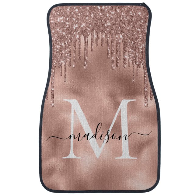 Monogram Metallic Rose Gold Pink Glitter Drips Car Car Floor Mat (Front)