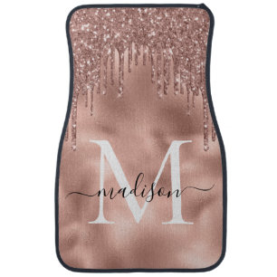 Monogram Metallic Rose Gold Pink Glitter Drips Car Floor Mat