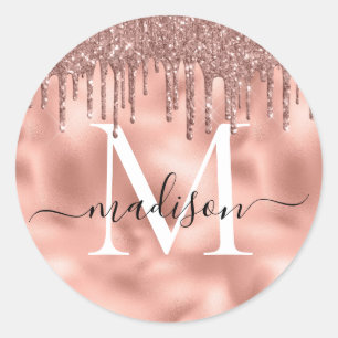 Monogram Metallic Rose Gold Pink Glitter Drips Classic Round Sticker