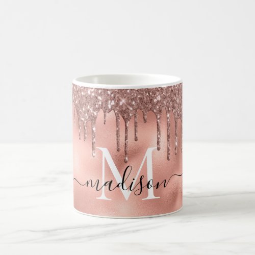 Monogram Metallic Rose Gold Pink Glitter Drips Coffee Mug