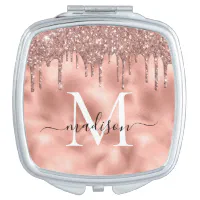 Monogram Metallic Rose Gold Pink Glitter Drips Compact Mirror