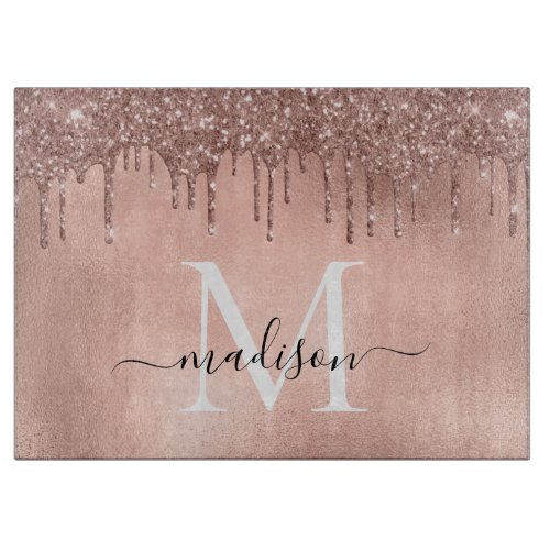 Monogram Metallic Rose Gold Pink Glitter Drips Cutting Board