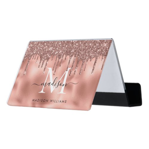 Monogram Metallic Rose Gold Pink Glitter Drips Desk Business Card Holder