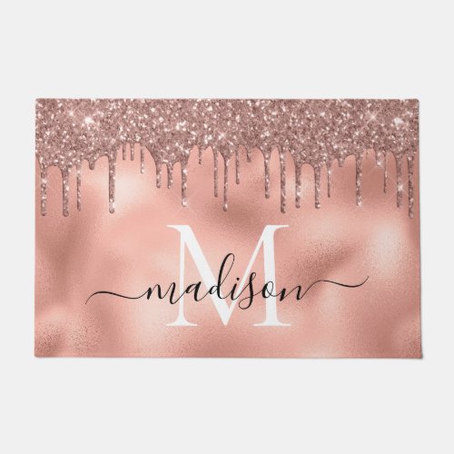 Monogram Metallic Rose Gold Pink Glitter Drips Doormat