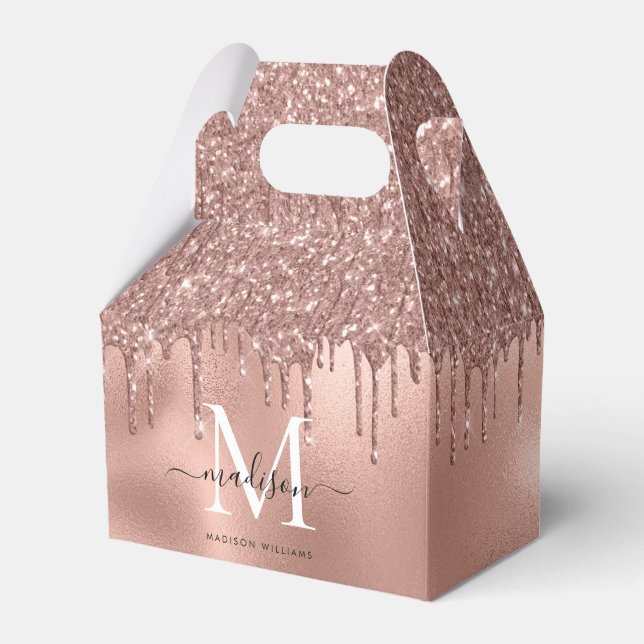 Monogram Metallic Rose Gold Pink Glitter Drips Favor Boxes (Front Side)