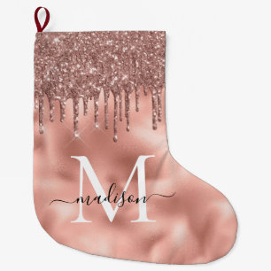 Monogram Metallic Rose Gold Pink Glitter Drips Large Christmas Stocking