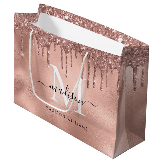 Monogram Metallic Rose Gold Pink Glitter Drips Large Gift Bag (Front Angled)