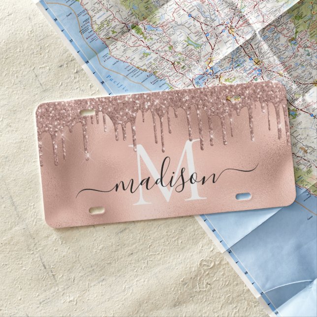 Monogram Metallic Rose Gold Pink Glitter Drips License Plate (In Situ)