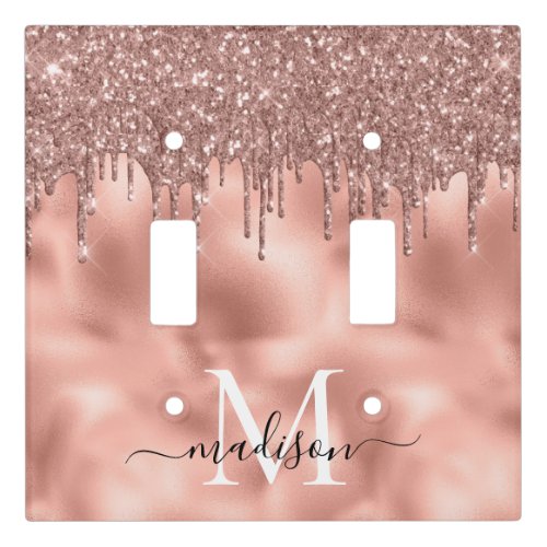 Monogram Metallic Rose Gold Pink Glitter Drips Light Switch Cover