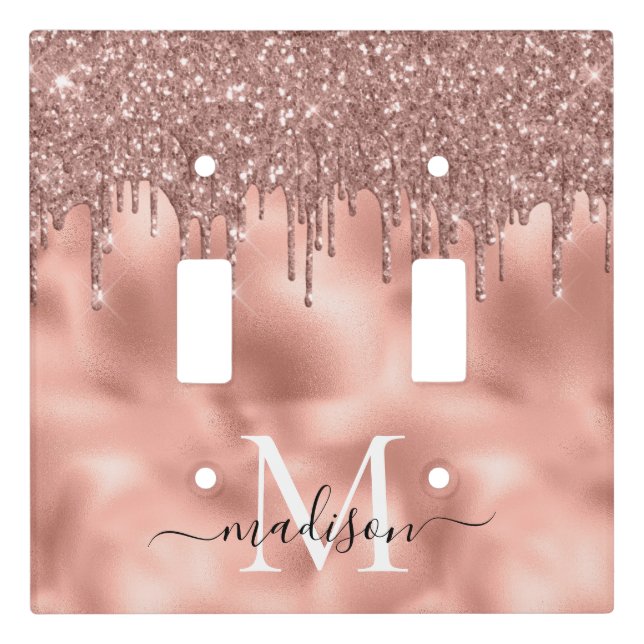 Monogram Metallic Rose Gold Pink Glitter Drips Light Switch Cover (Front)