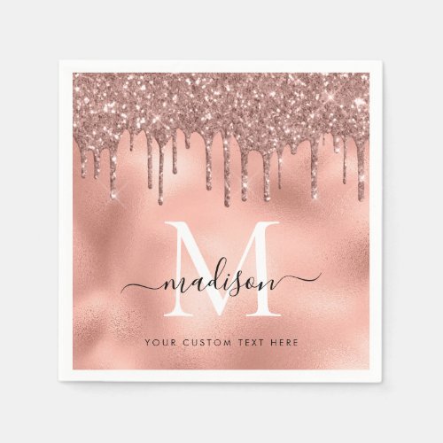 Monogram Metallic Rose Gold Pink Glitter Drips Napkins