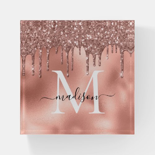 Monogram Metallic Rose Gold Pink Glitter Drips Paperweight