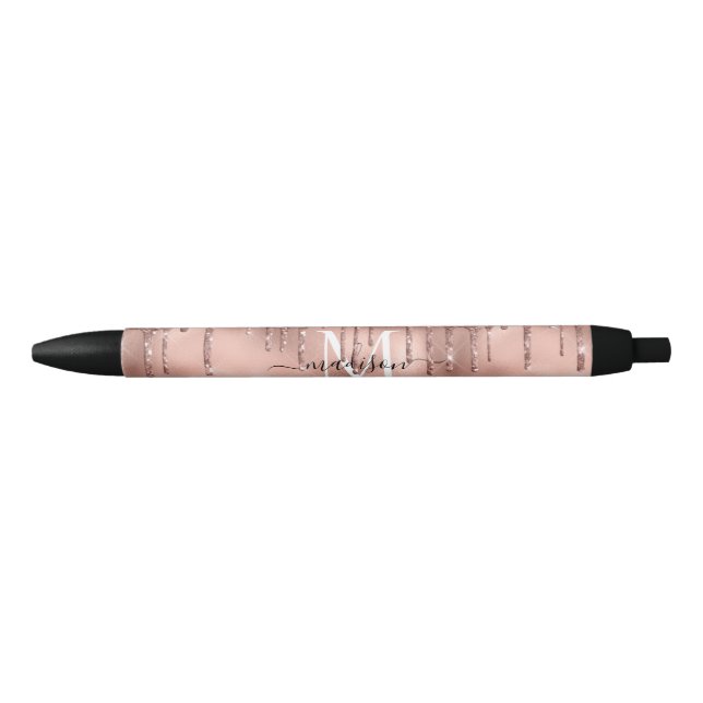 Monogram Metallic Rose Gold Pink Glitter Drips Pen (Front)