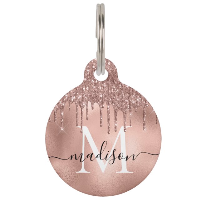 Monogram Metallic Rose Gold Pink Glitter Drips Pet ID Tag (Front)