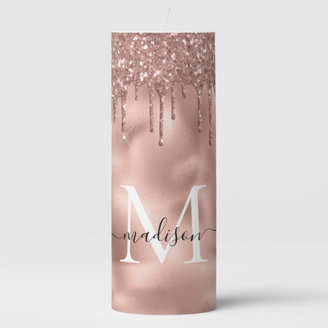 Monogram Metallic Rose Gold Pink Glitter Drips Pillar Candle (Front)