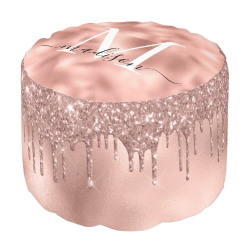 Monogram Metallic Rose Gold Pink Glitter Drips Pouf