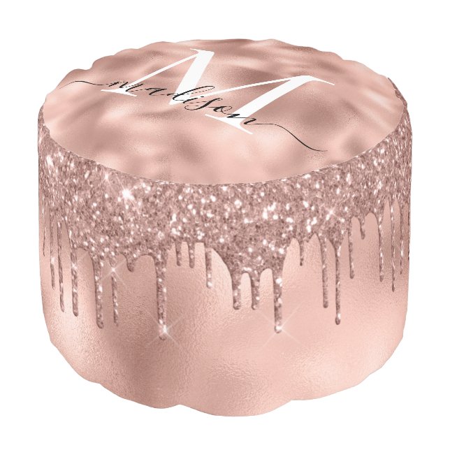 Monogram Metallic Rose Gold Pink Glitter Drips Pouf (Angled Front)
