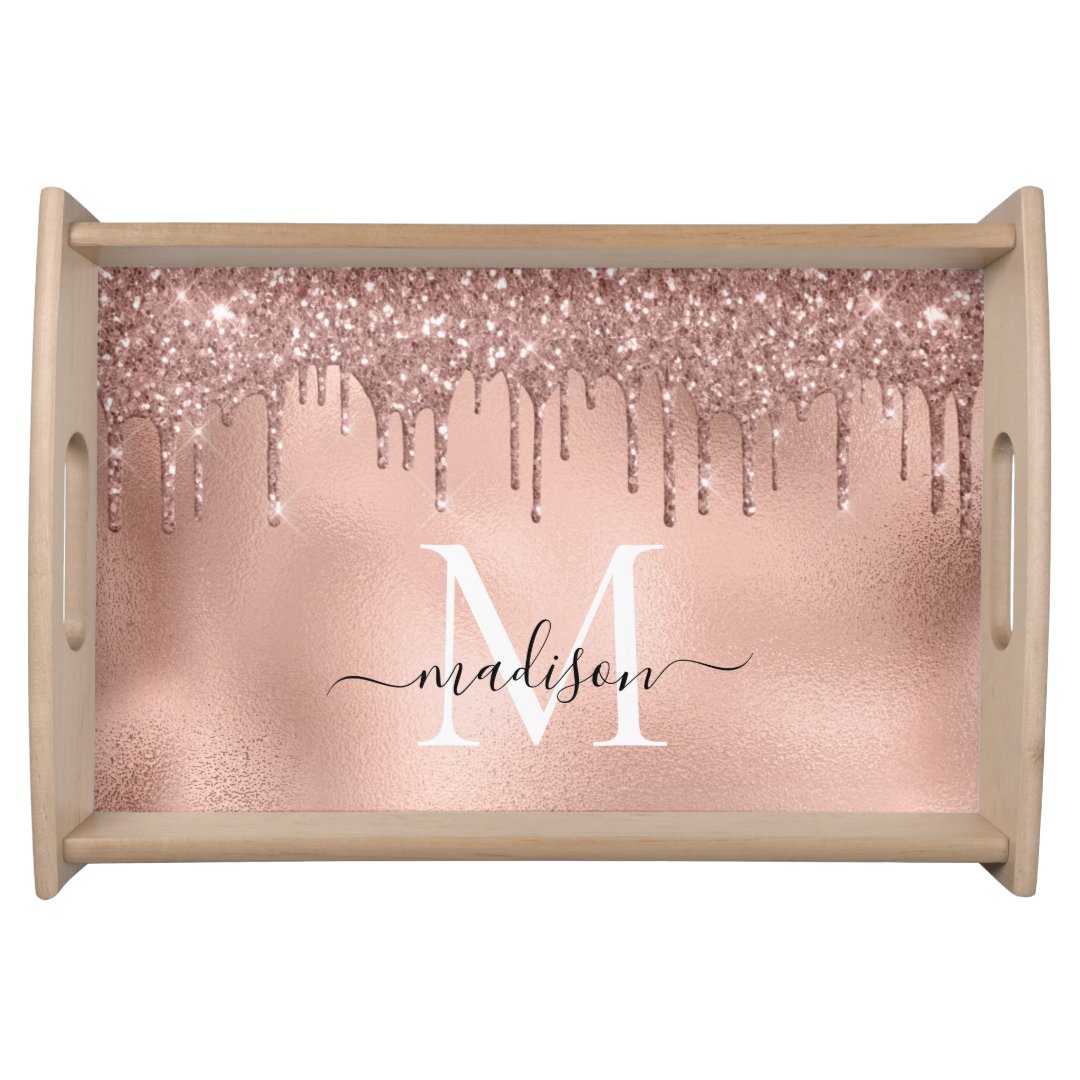 Monogram Metallic Rose Gold Pink Glitter Drips Serving Tray Zazzle